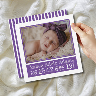 Lila Stripes Baby Foto Geburtsstunde Ankündigung