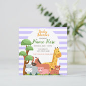Lila Stripes Safari Animals Kinderdusche Einladung (Stehend Vorderseite)