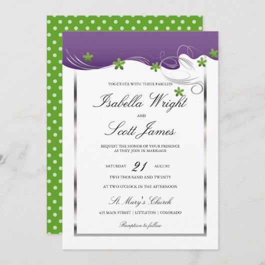 Lila Strudel und grüne Blumenentwurfs-Hochzeit Einladung (Vorne/Hinten)
