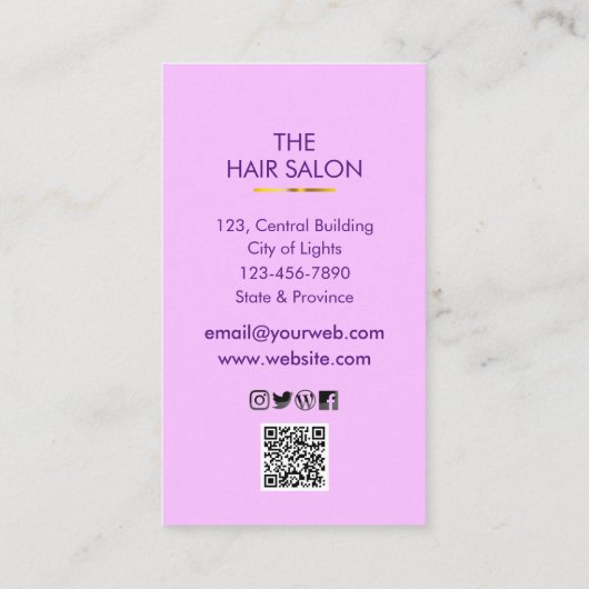 Lila Stylesalon mit Goldschere Visitenkarte (Rückseite)