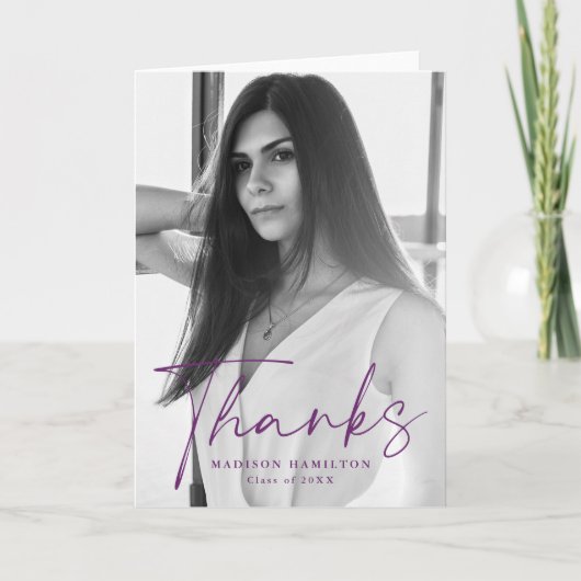 Lila Stylish Script Foto Abschluss Dankeskarte (Vorderseite)