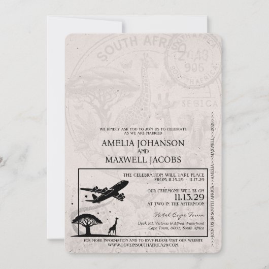 Lila Südafrika-Passport-Hochzeit Einladung (Vorderseite)