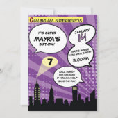 Lila Superheros Comic Book Styling Birthday Party Einladung (Vorderseite)