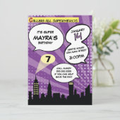 Lila Superheros Comic Book Styling Birthday Party Einladung (Stehend Vorderseite)