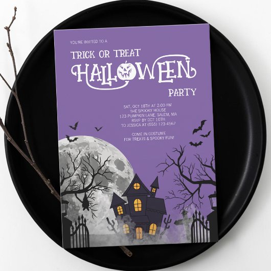 Lila Süßes oder Saures Halloween-Kostenüm-Party Einladung