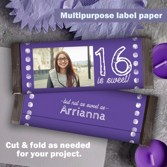 Lila Sweet 16 Birthday Candy Bar Wrapper (Purple personalized candy bar label, sweet 16 chocolate bar wrapper customized party candy )