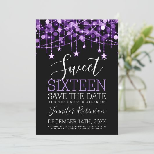 Lila Sweet 16 Funkelnd String Lights Rett Date Save The Date (Stehend Vorderseite)