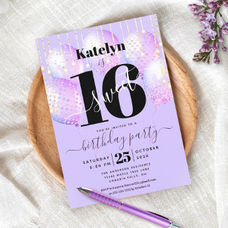 Lila Sweet 16 Geburtstag Girly Glam Ballon Schrift Einladung