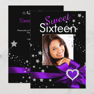Lila Sweet 16 Geburtstagsfeier Herz Foto Sterne Einladung