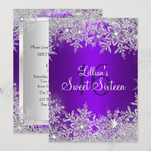 Lila Sweet 16 Schneeflocken Winter Wonderland Einladung