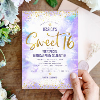 Lila Sweet 16 Wasserfarbe Gold Geburtstag Bold Gla Einladung