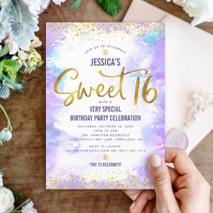 Lila Sweet 16 Watercolor Gold Geburtstag Fett Glam Einladung