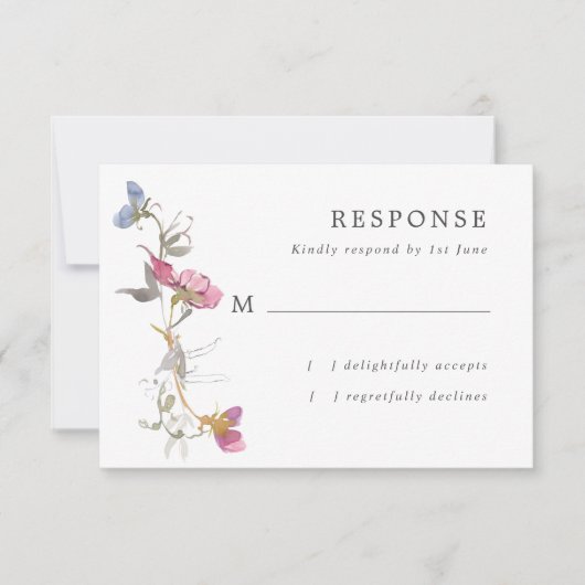 Lila Sweet Pea Wedding RSVP Karte (Vorderseite)