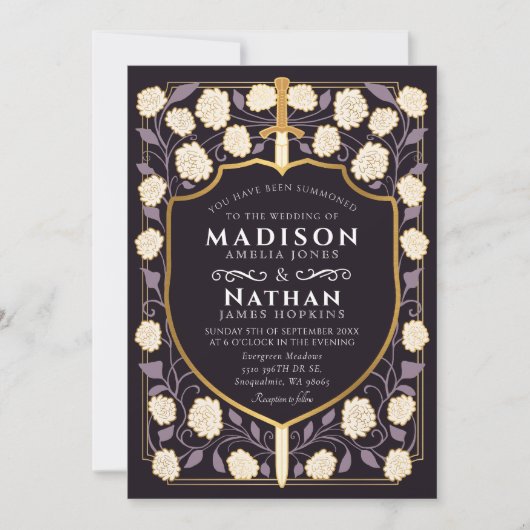 Lila Sword Shield Fantasy Wedding QR Code Einladung (Vorderseite)