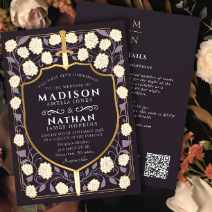Lila Sword Shield Fantasy Wedding QR Code Einladung