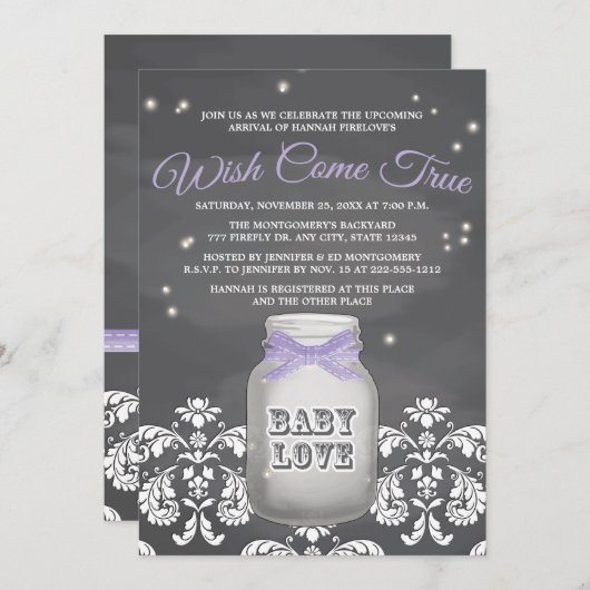 Lila Tafel-Leuchtkäfer-Maurer-Glas-Baby-Dusche Einladung (Vorne/Hinten)