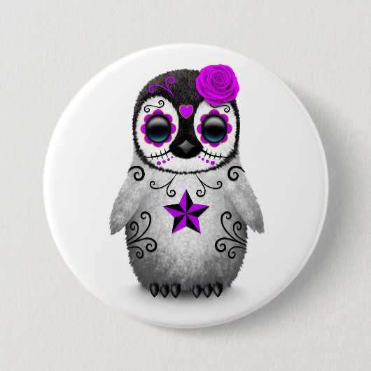 Lila Tag des toten Zuckerschädelpenguin-Weiß Button (Vorderseite)