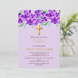 Lila Taufe des Lilac Floral Gold Cross Girl Einladung