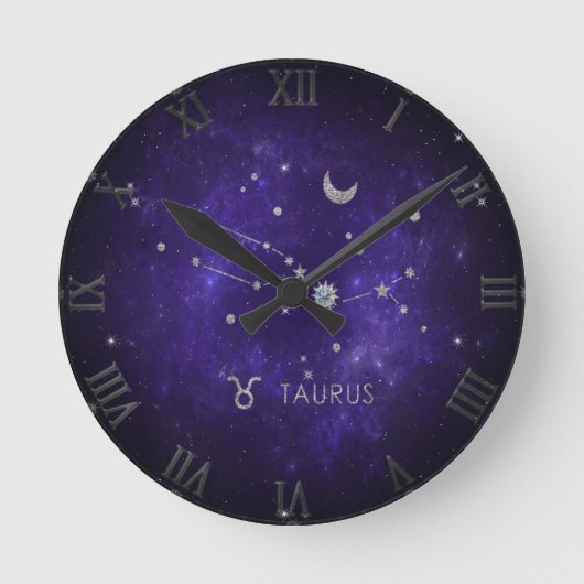 Lila Taurus Zodiac | Kosmisches Astrologie Horosko Runde Wanduhr (Vorderseite)