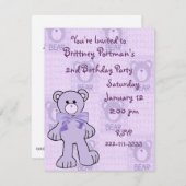 Lila Teddy Bear Geburtstagseinladung Einladung (Vorne/Hinten)