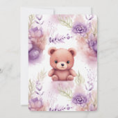 Lila Teddybär und Blume - Babydusche Einladung (Rückseite)