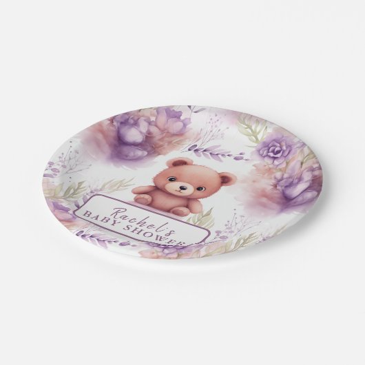 Lila Teddybär und Blume - Babydusche Pappteller (Schrägansicht)