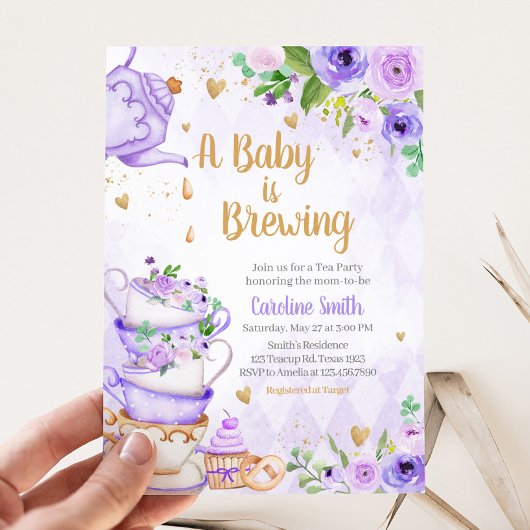 Lila Tee-Party Babydusche Einladung