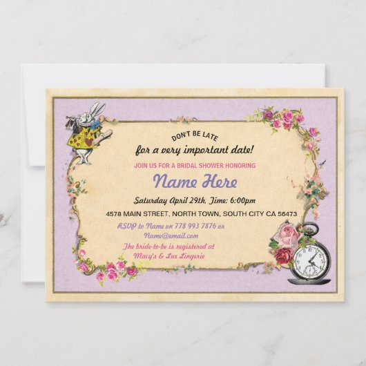 Lila Tee-Party Bachelorette Kaninchen laden ein Einladung (Vorderseite)