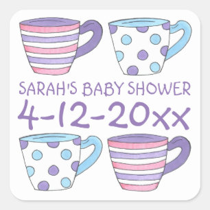Lila Teetassen Tee-Party-Cup Baby Shower Stickers
