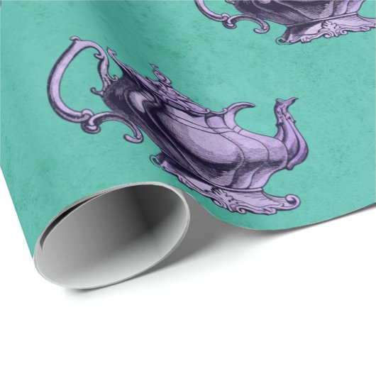 Lila Tepots auf Aquamarinen Geschenkpapier (Rolleneckpunkt)