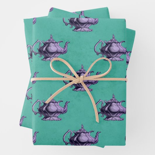 Lila Tepots auf Aquamarinen Geschenkpapier Set (Beispiel)