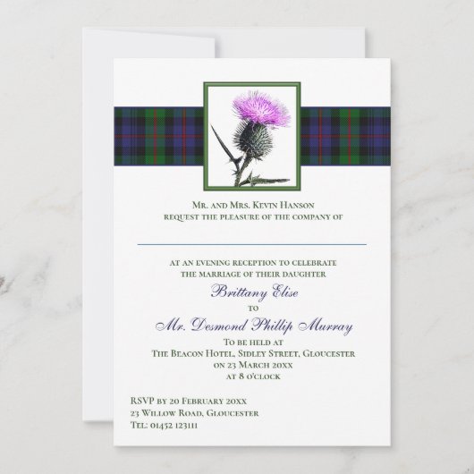 Lila Thistle Murray von Atholl Tartan Wedding Einladung (Vorderseite)