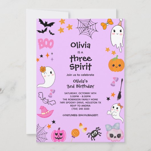 Lila Three Spirit Ghost Halloween, 3. Geburtstag Einladung (Vorderseite)
