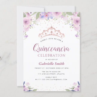 lila Tiara-Blumen-Einladung Quinceanera Einladung