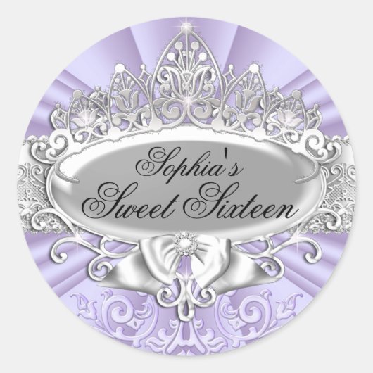 Lila Tiara & Damask 16 . Geburtstag Sticker (Vorderseite)