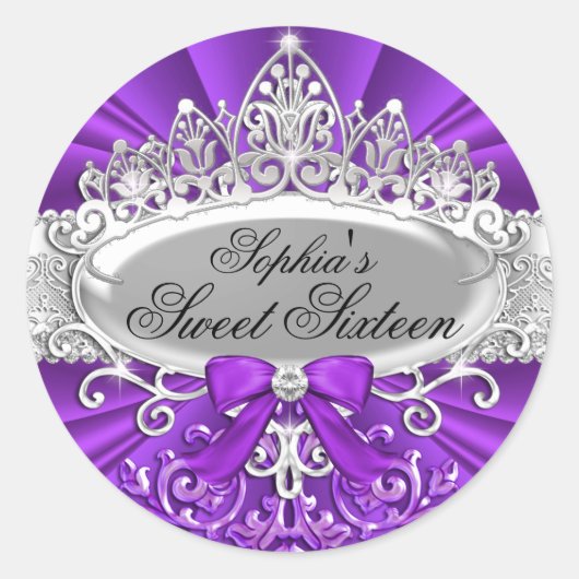 Lila Tiara & Damask 16 . Geburtstag Sticker (Vorderseite)