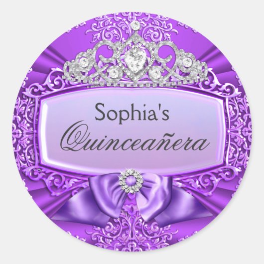 Lila Tiara & Damask Quinceanera Sticker (Vorderseite)
