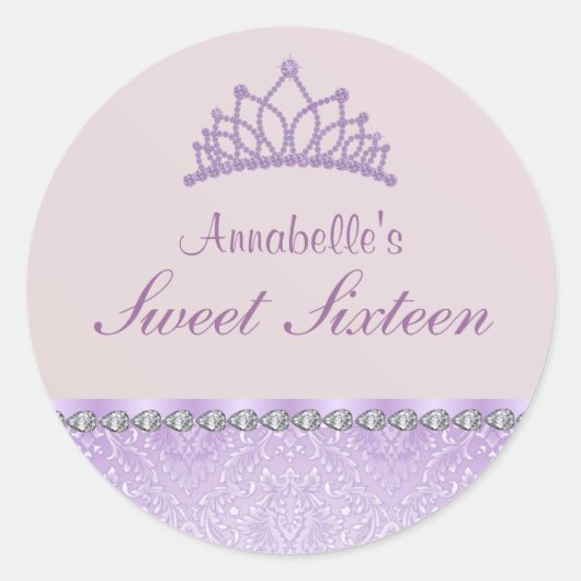 Lila Tiara & Damask Sweet16 Sticker (Vorderseite)