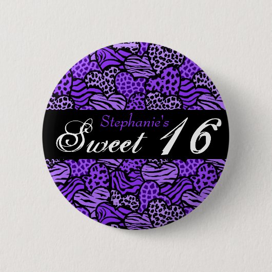 Lila Tiermuster-Herzen Sweet 16 Button (Vorderseite)