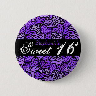 Lila Tiermusterherzen Sweet 16 Button