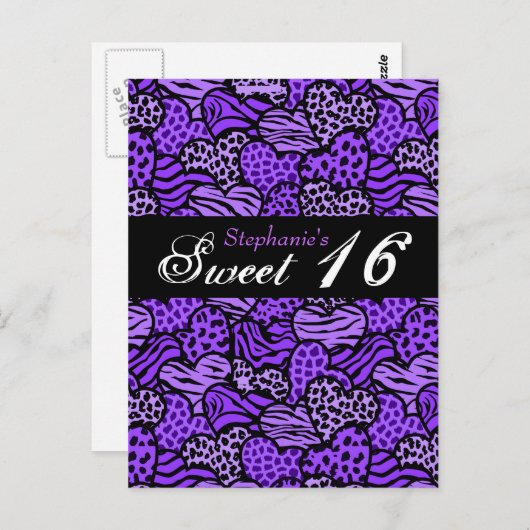 Lila Tiermusterherzen Sweet 16 Postcard Postkarte (Vorne/Hinten)