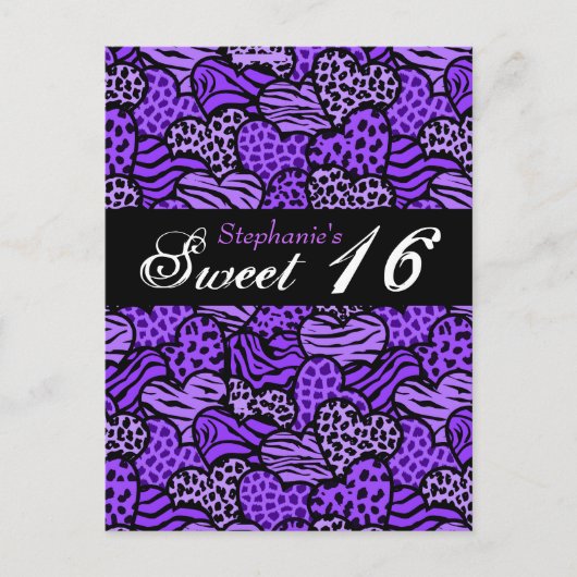 Lila Tiermusterherzen Sweet 16 Postcard Postkarte (Vorderseite)