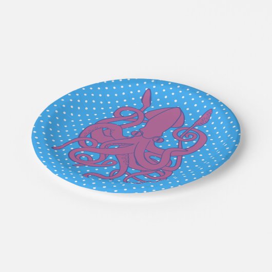 Lila Tintenfisch-u. Polka-Punkte Pappteller (Schrägansicht)