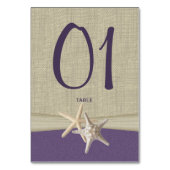 Lila Tischnummer-Karte Starfish und Burlap Tischnummer (Rückseite)