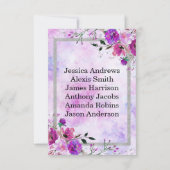 Lila Tischnummer- und Blütenübersicht Einladung (Rückseite)