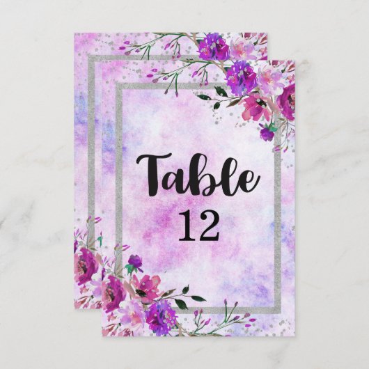 Lila Tischnummern für Flora und Silberrahmen (Vorne/Hinten)