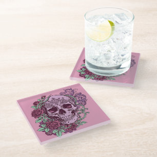 Lila Totenkopf mit Rosen Goth Design Glasuntersetzer