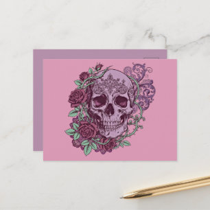 Lila Totenkopf mit Rosen Goth Design Postkarte