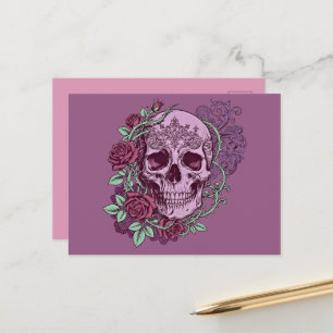 Lila Totenkopf mit Rosen Goth-Design Postkarte