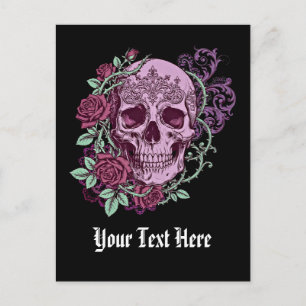 Lila Totenkopf mit Rosen Goth-Design Postkarte